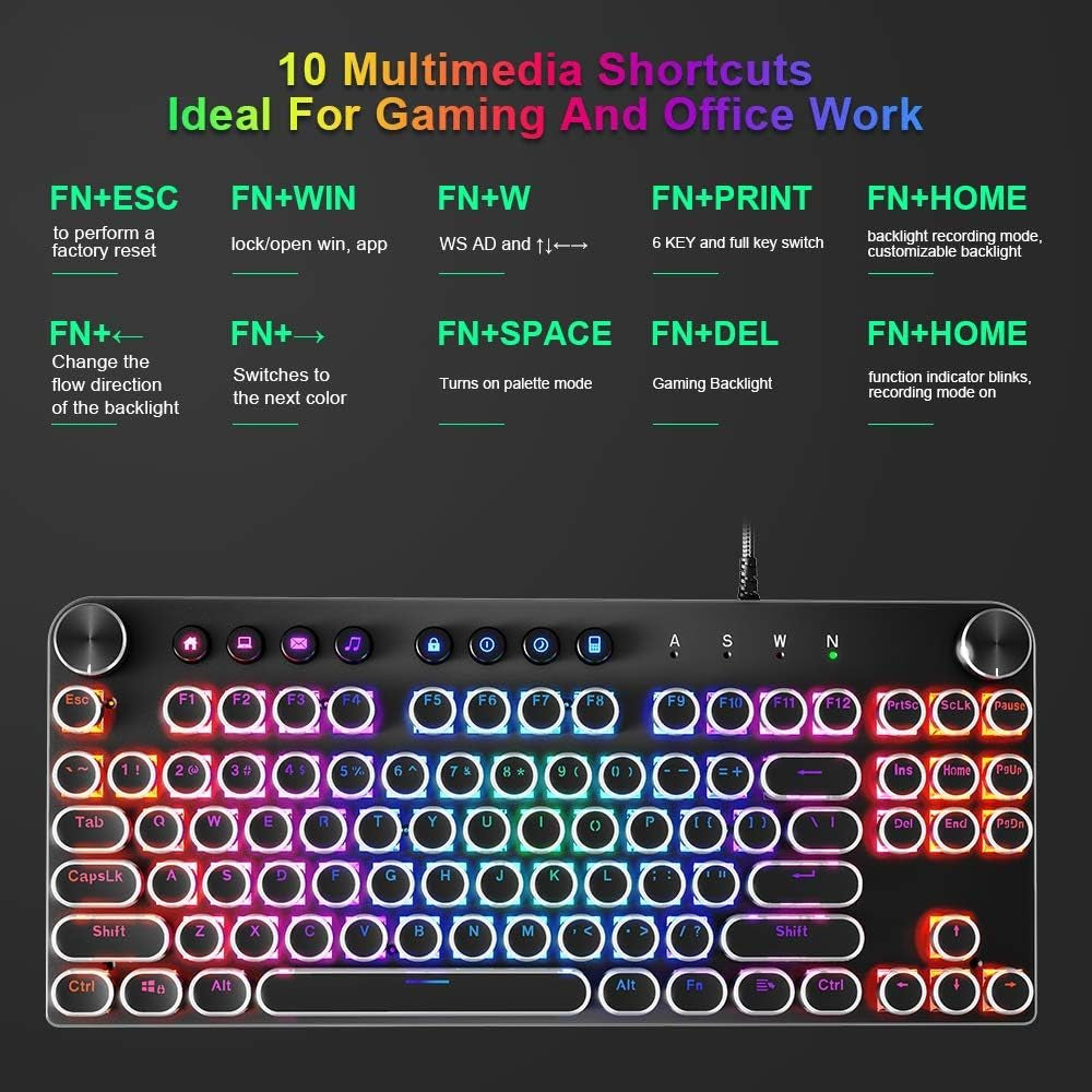 STOGA 87-Key Mechanical Keyboard with Brown Switches, RGB Lighting, Media Control Knobs, Retro Round Key Design, Black