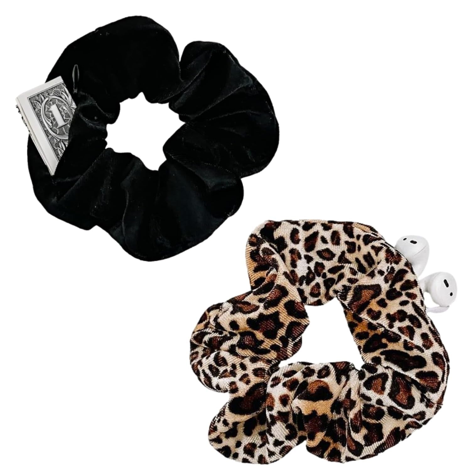 Zipper Scrunchies, Pocket Scrunchie, SECRET&HIDDEN, Velvet Hair Ties Bracelet, Compatible with Apple Airpods Pro 3&2&1, Pouch Storage Bag for Key Money, Elastics Hair Band (4 PACKS Black)