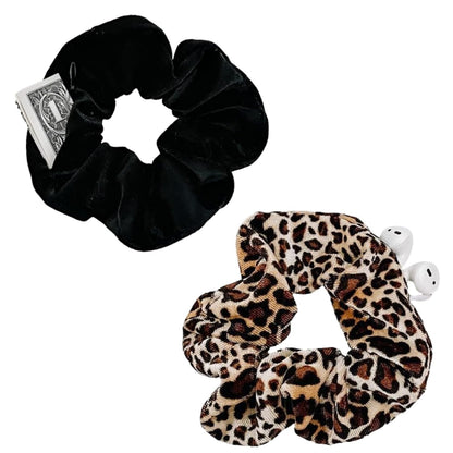 Zipper Scrunchies, Pocket Scrunchie, SECRET&HIDDEN, Velvet Hair Ties Bracelet, Compatible with Apple Airpods Pro 3&2&1, Pouch Storage Bag for Key Money, Elastics Hair Band (4 PACKS Black)