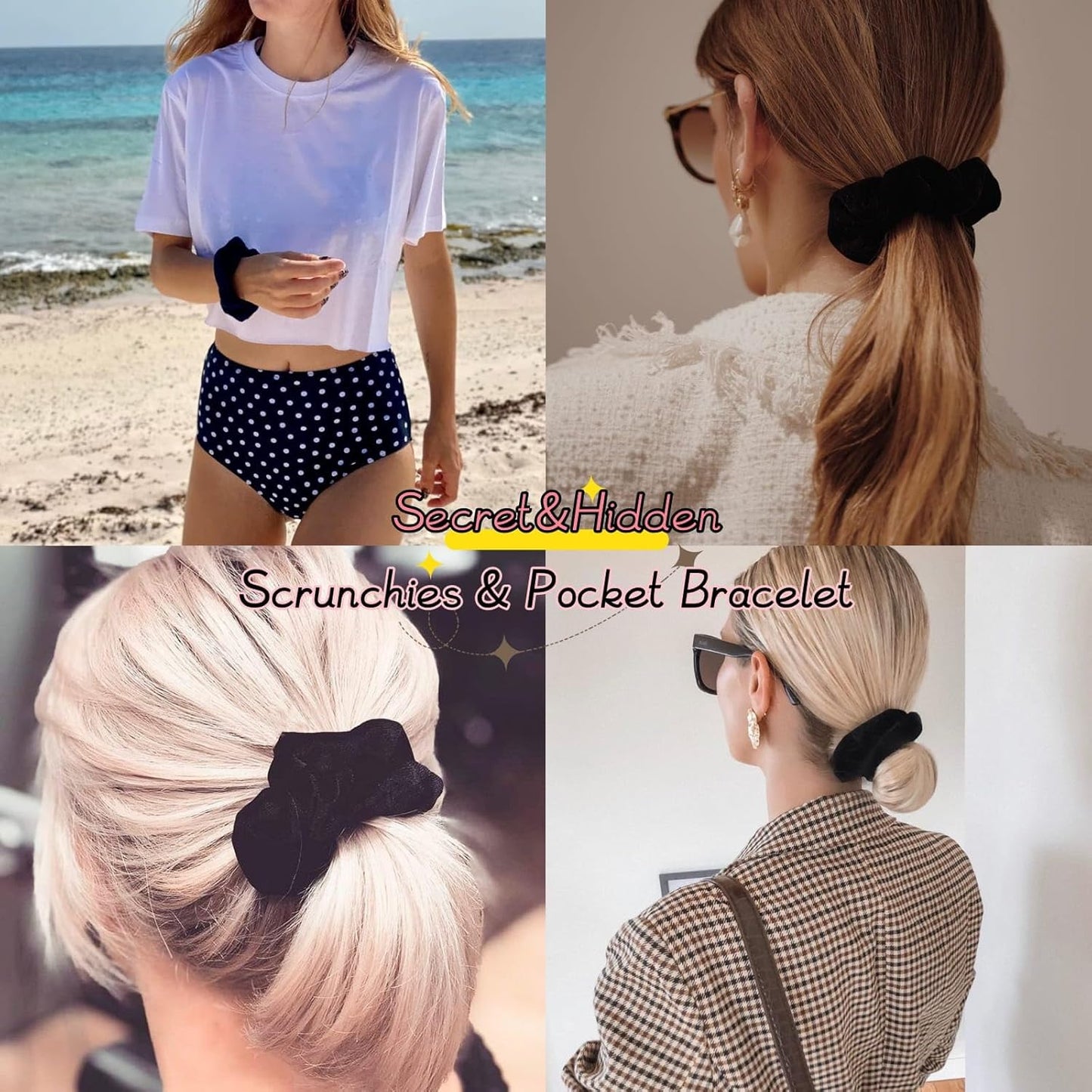 Zipper Scrunchies, Pocket Scrunchie, SECRET&HIDDEN, Velvet Hair Ties Bracelet, Compatible with Apple Airpods Pro 3&2&1, Pouch Storage Bag for Key Money, Elastics Hair Band (4 PACKS Black)