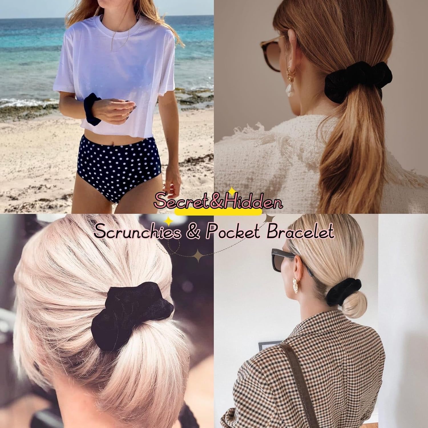 Zipper Scrunchies, Pocket Scrunchie, SECRET&HIDDEN, Velvet Hair Ties Bracelet, Compatible with Apple Airpods Pro 3&2&1, Pouch Storage Bag for Key Money, Elastics Hair Band (4 PACKS Black)