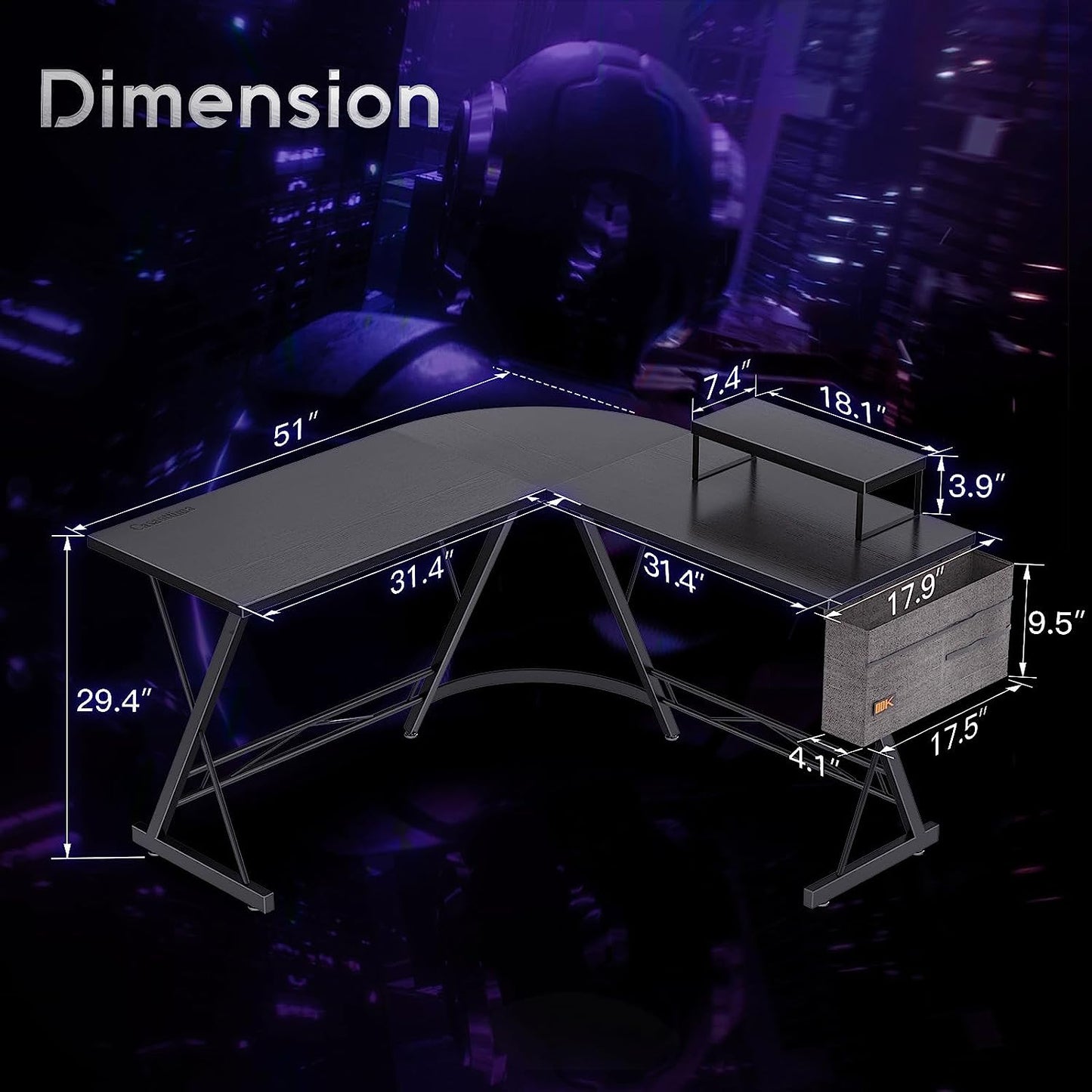 Casaottima L Shaped Gaming Desk, Home Office Desk with round Corner, Computer Desk with Large Monitor Stand Desk Workstation, 51 Inches