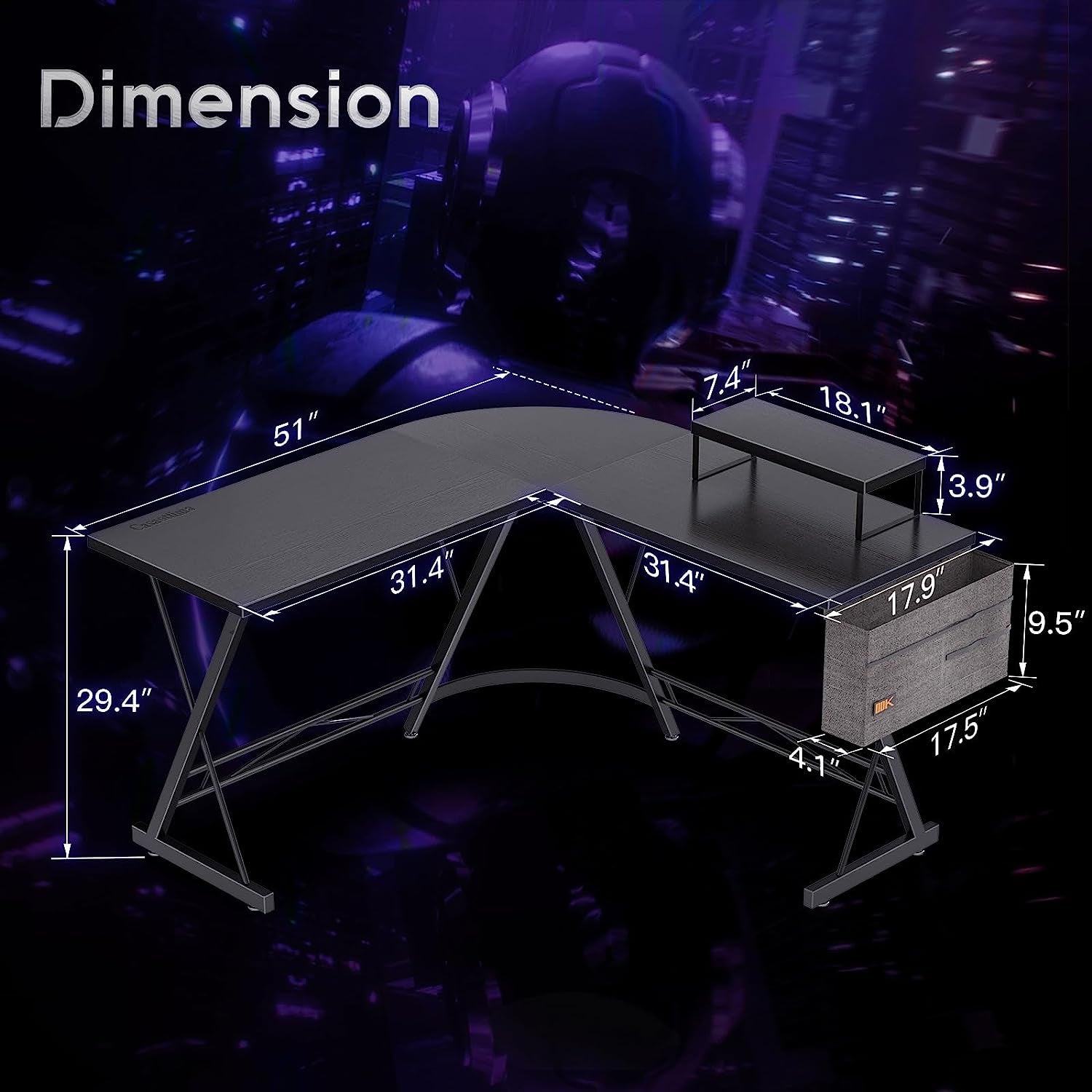 Casaottima L Shaped Gaming Desk, Home Office Desk with round Corner, Computer Desk with Large Monitor Stand Desk Workstation, 51 Inches