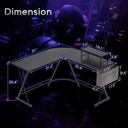Casaottima L Shaped Gaming Desk, Home Office Desk with round Corner, Computer Desk with Large Monitor Stand Desk Workstation, 51 Inches
