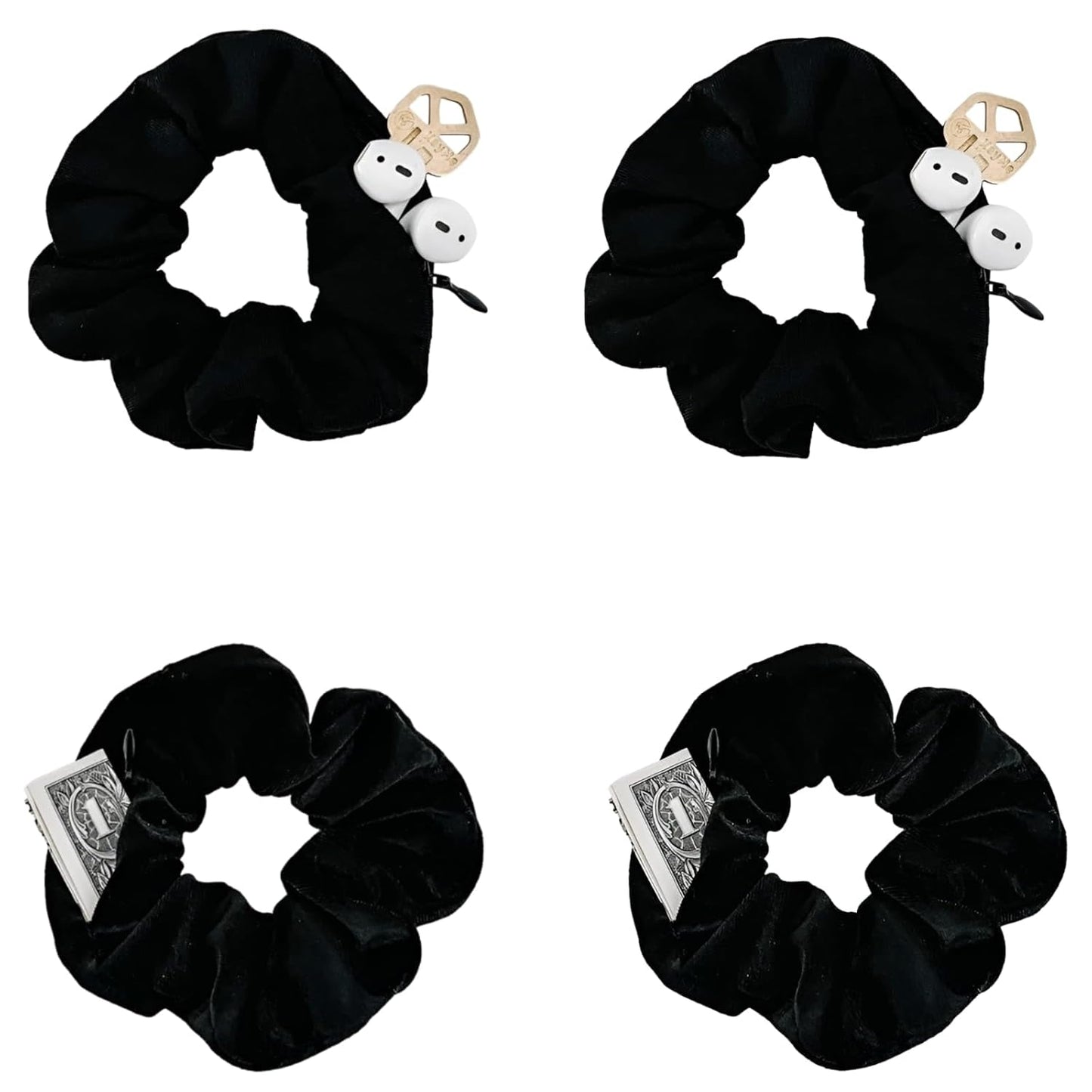 Zipper Scrunchies, Pocket Scrunchie, SECRET&HIDDEN, Velvet Hair Ties Bracelet, Compatible with Apple Airpods Pro 3&2&1, Pouch Storage Bag for Key Money, Elastics Hair Band (4 PACKS Black)