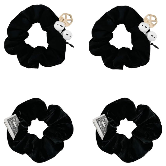 Zipper Scrunchies, Pocket Scrunchie, SECRET&HIDDEN, Velvet Hair Ties Bracelet, Compatible with Apple Airpods Pro 3&2&1, Pouch Storage Bag for Key Money, Elastics Hair Band (4 PACKS Black)