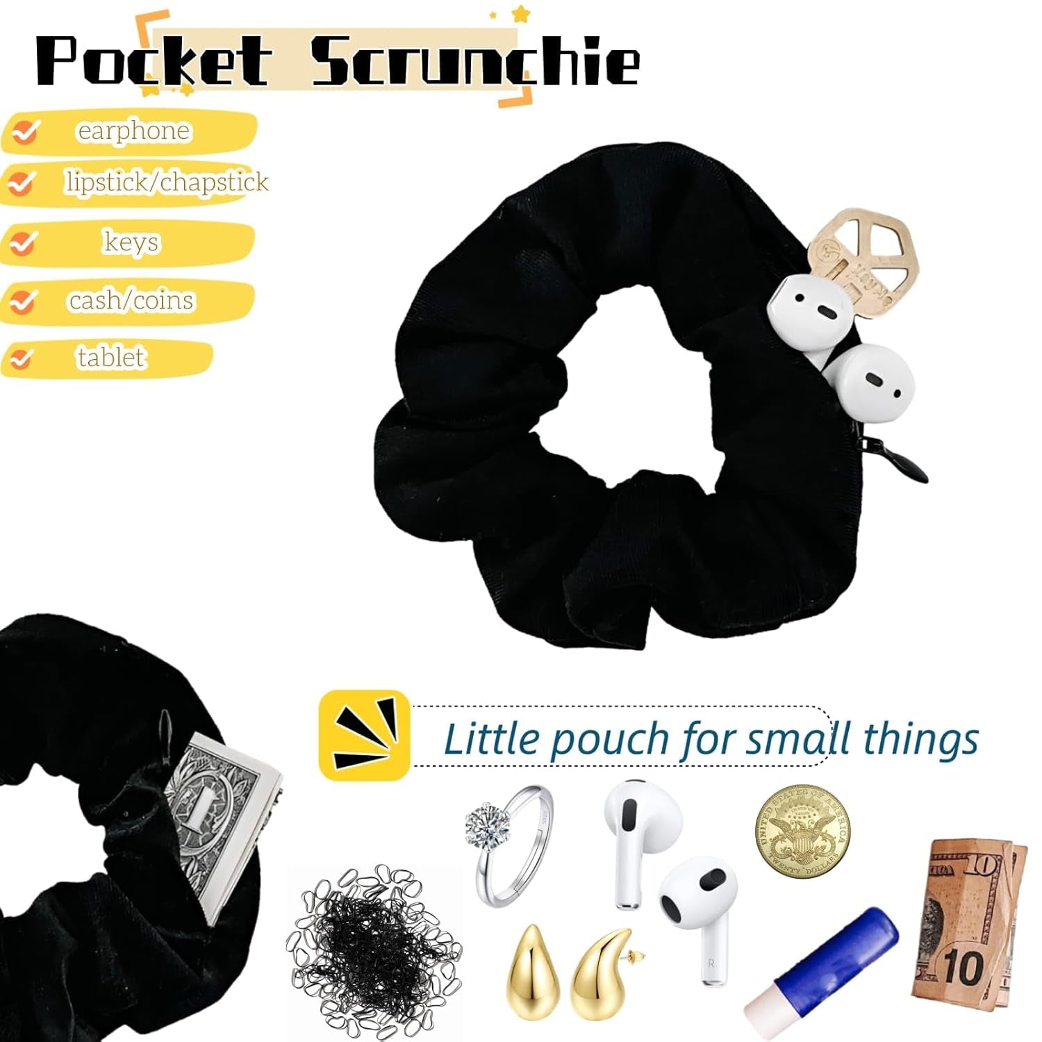 Zipper Scrunchies, Pocket Scrunchie, SECRET&HIDDEN, Velvet Hair Ties Bracelet, Compatible with Apple Airpods Pro 3&2&1, Pouch Storage Bag for Key Money, Elastics Hair Band (4 PACKS Black)