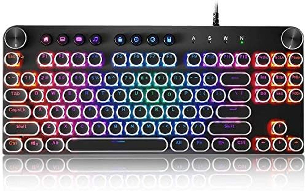 STOGA 87-Key Mechanical Keyboard with Brown Switches, RGB Lighting, Media Control Knobs, Retro Round Key Design, Black