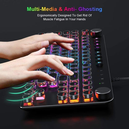 STOGA 87-Key Mechanical Keyboard with Brown Switches, RGB Lighting, Media Control Knobs, Retro Round Key Design, Black