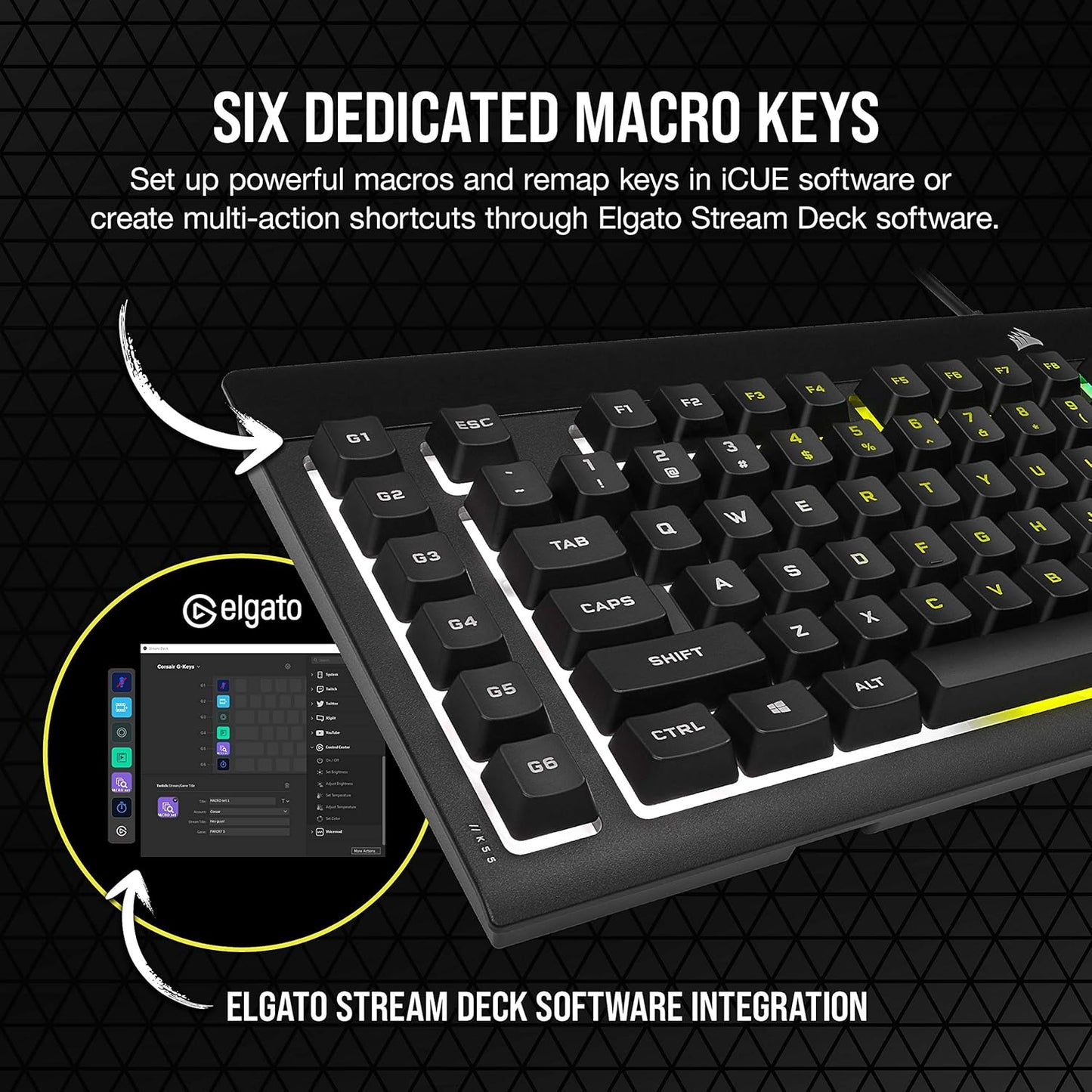 CORSAIR K55 RGB Pro-Dynamic RGB Backlighting - Six Macro Keys with Elgato Stream Deck Software Integration-Ip42 Dust and Spill Resistant-Detachable Palm Rest-Dedicated Media and Volume Keys, Black