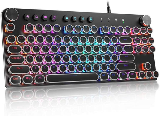 STOGA 87-Key Mechanical Keyboard with Brown Switches, RGB Lighting, Media Control Knobs, Retro Round Key Design, Black