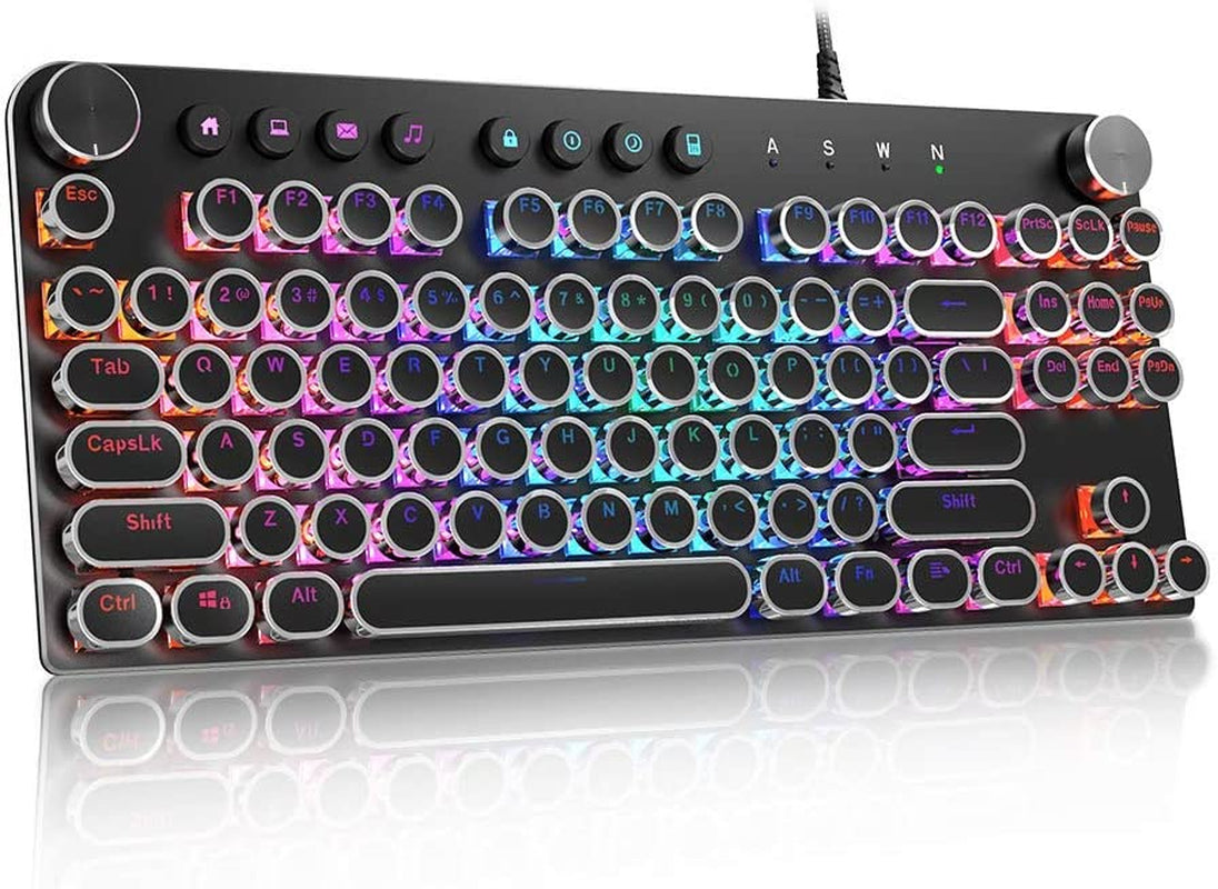 STOGA 87-Key Mechanical Keyboard with Brown Switches, RGB Lighting, Media Control Knobs, Retro Round Key Design, Black