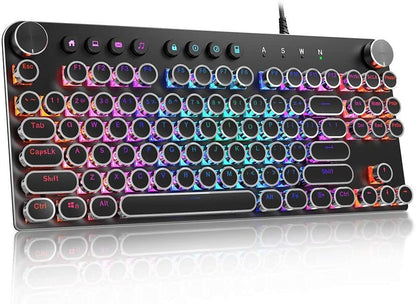 STOGA 87-Key Mechanical Keyboard with Brown Switches, RGB Lighting, Media Control Knobs, Retro Round Key Design, Black