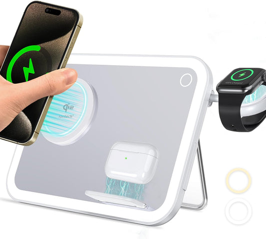 ION 4 in 1 Magsafe-Compatible Charging Station,15W with Qi2 Certified Wireless Charger,Magnetic Phone Holder & Mirror,Charging Station for Multiple Devices Apple Watch Airpods, Iphone 16 15 14 13
