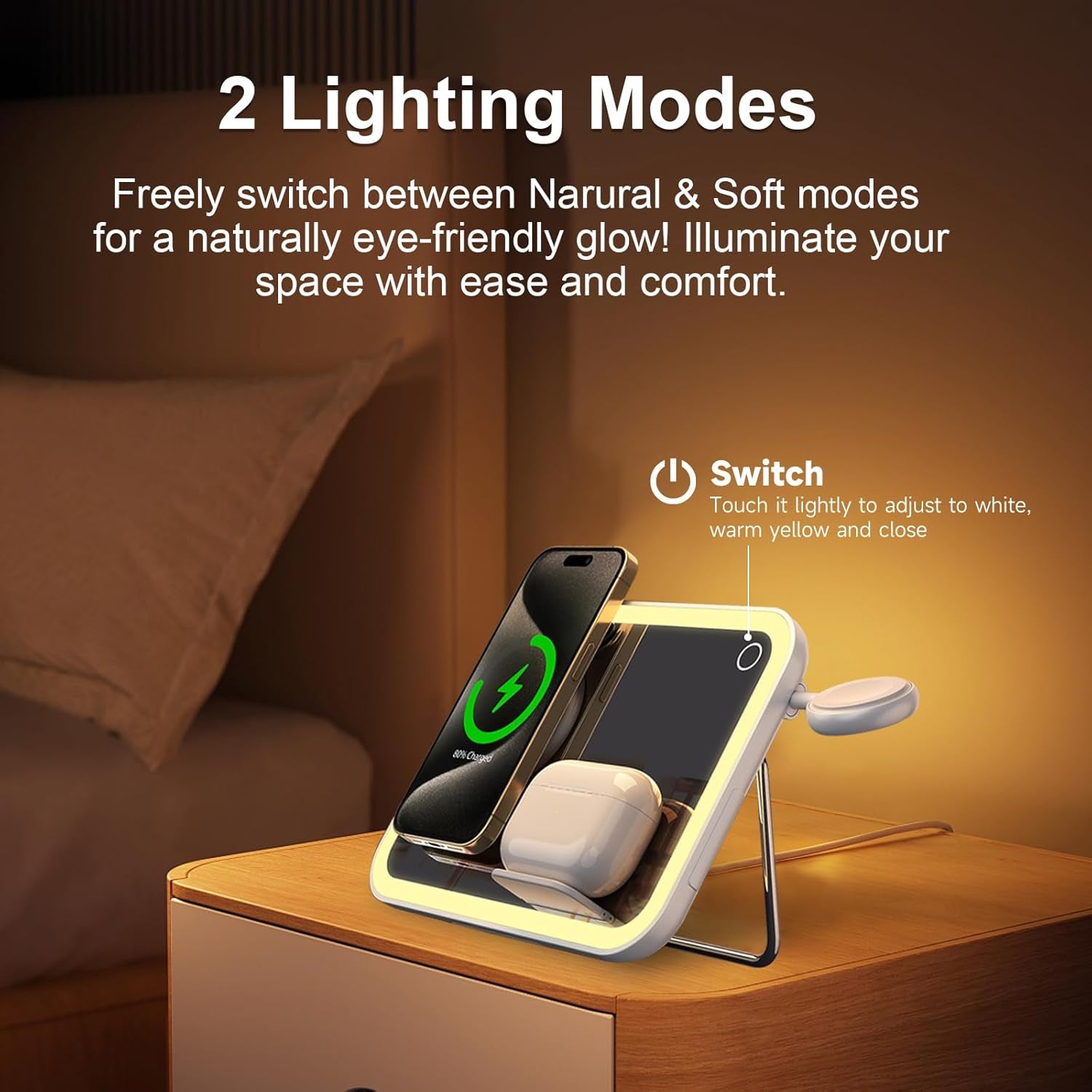 ION 4 in 1 Magsafe-Compatible Charging Station,15W with Qi2 Certified Wireless Charger,Magnetic Phone Holder & Mirror,Charging Station for Multiple Devices Apple Watch Airpods, Iphone 16 15 14 13