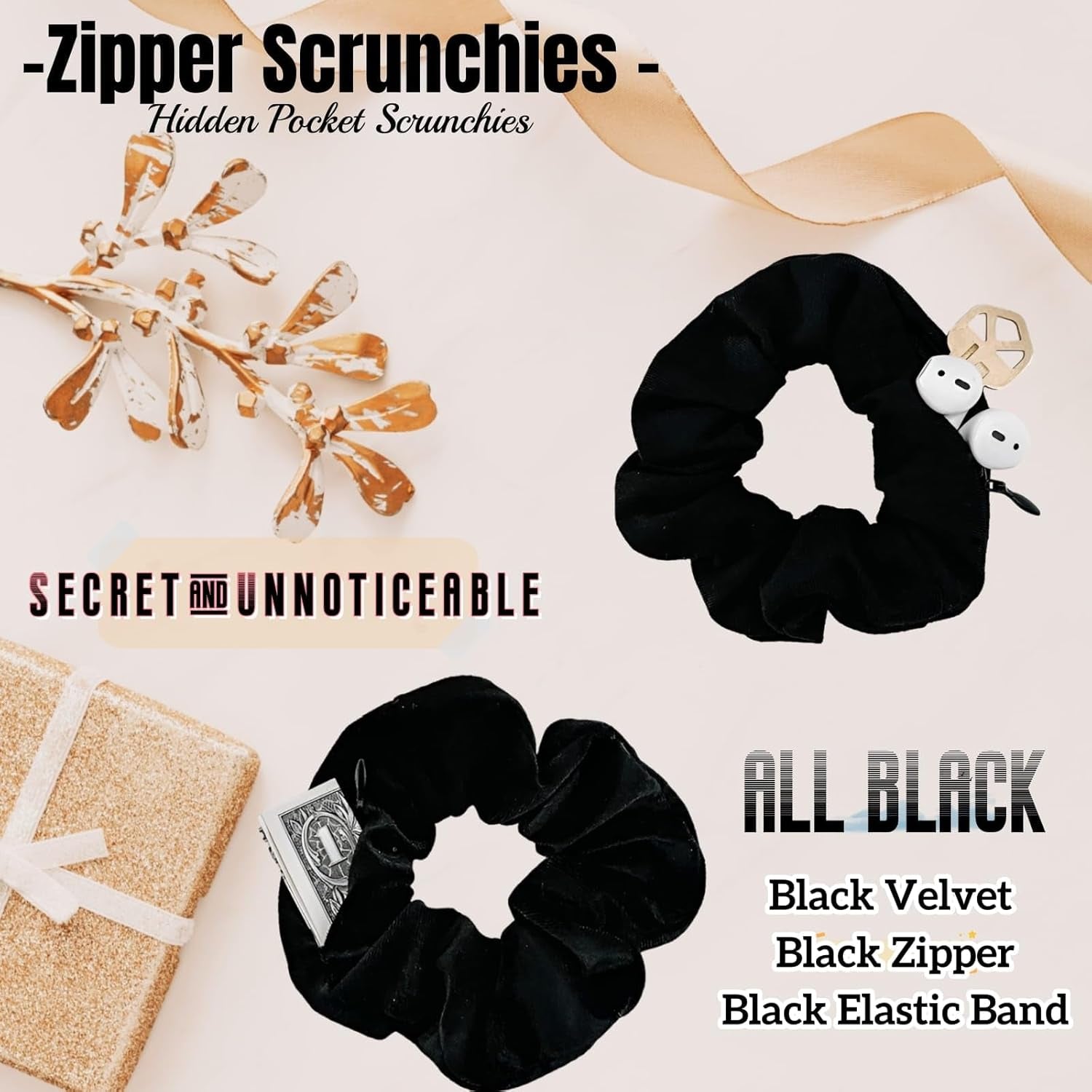 Zipper Scrunchies, Pocket Scrunchie, SECRET&HIDDEN, Velvet Hair Ties Bracelet, Compatible with Apple Airpods Pro 3&2&1, Pouch Storage Bag for Key Money, Elastics Hair Band (4 PACKS Black)
