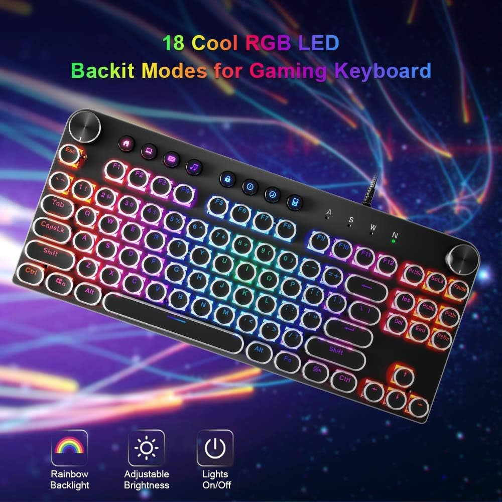STOGA 87-Key Mechanical Keyboard with Brown Switches, RGB Lighting, Media Control Knobs, Retro Round Key Design, Black