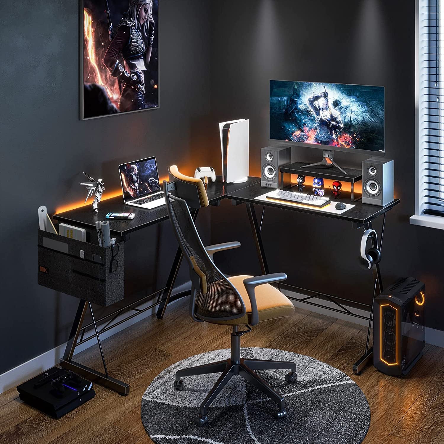 Casaottima L Shaped Gaming Desk, Home Office Desk with round Corner, Computer Desk with Large Monitor Stand Desk Workstation, 51 Inches