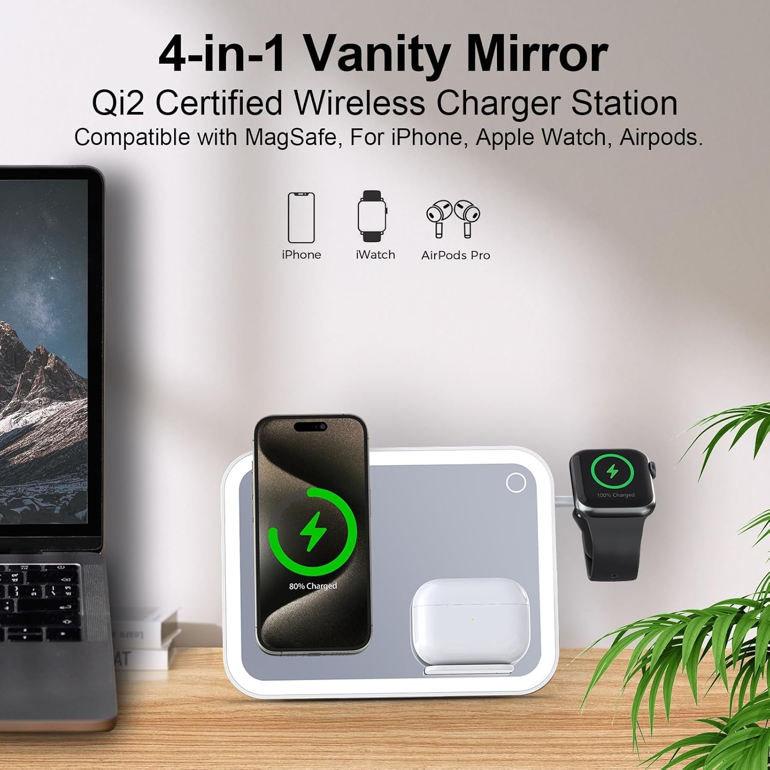 ION 4 in 1 Magsafe-Compatible Charging Station,15W with Qi2 Certified Wireless Charger,Magnetic Phone Holder & Mirror,Charging Station for Multiple Devices Apple Watch Airpods, Iphone 16 15 14 13