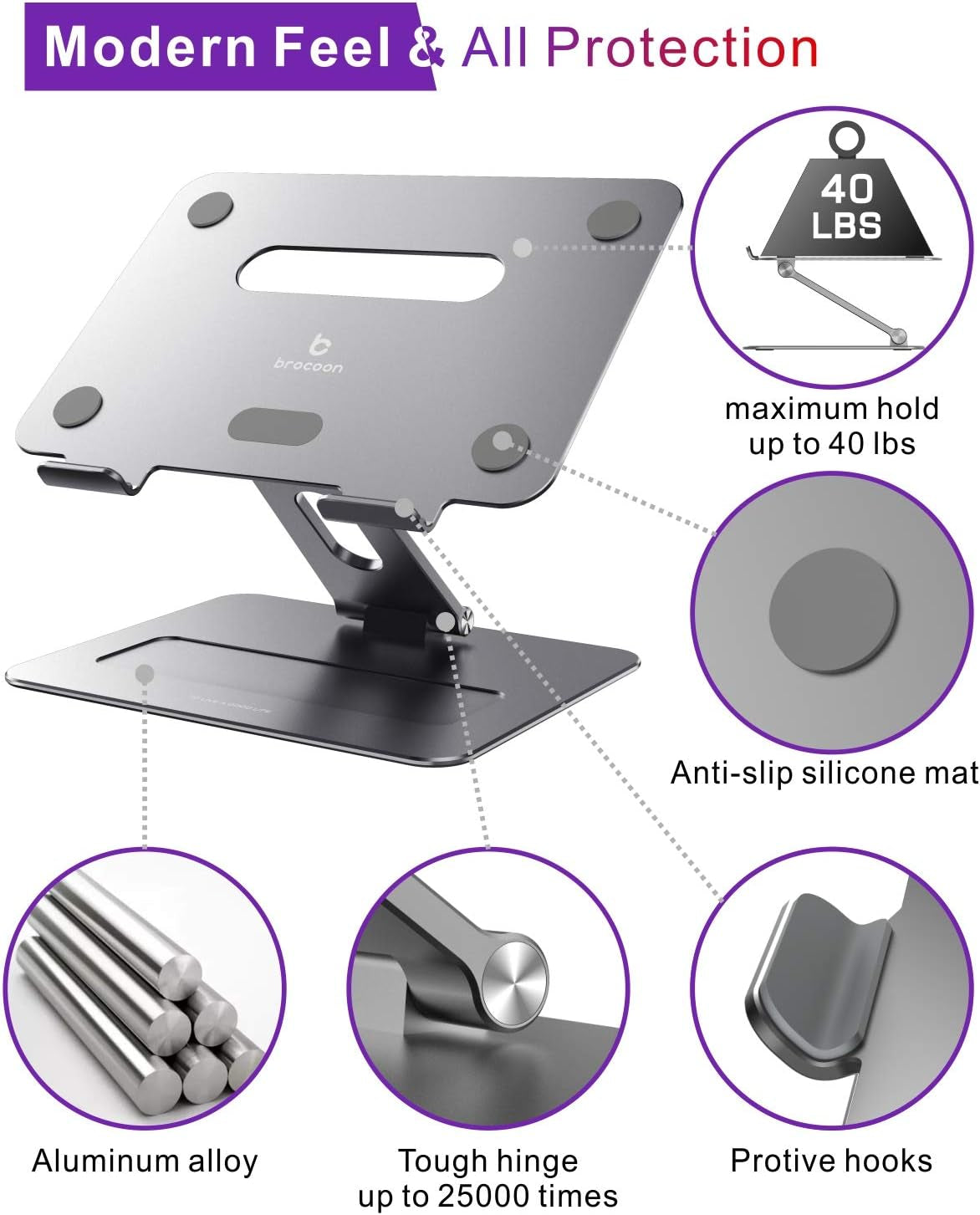 Ergonomic Adjustable Aluminum Laptop Stand with Heat Vent for 10-17" MacBooks and Laptops, Space Grey