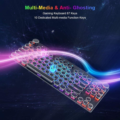 STOGA 87-Key Mechanical Keyboard with Brown Switches, RGB Lighting, Media Control Knobs, Retro Round Key Design, Black